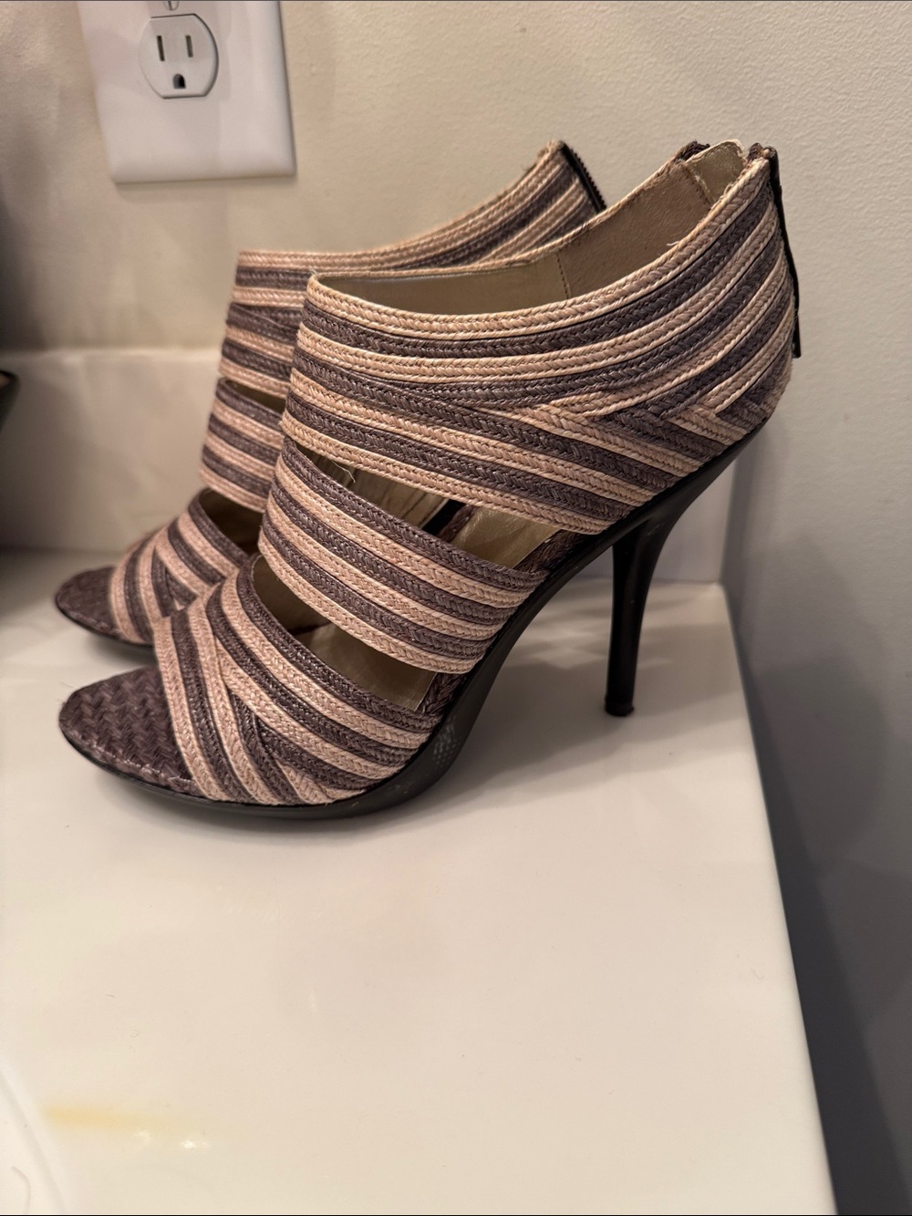 Carlos Santana Striped Open-Toe Stiletto Booties in Beige and Brown